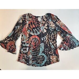 NIC+ZOE Women's Batik Print Linen Rayon Bell Sleeve Top Multicolored Small